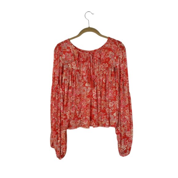 Free People Up For Anything Top Red Mesh Floral Smocked Statement Sleeve Size M - Picture 2 of 10